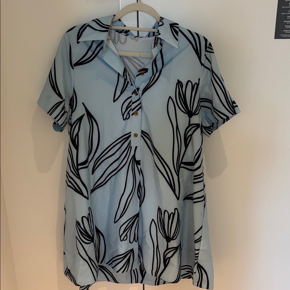 Floral Button-Up Shirt in Light Blue and Black
